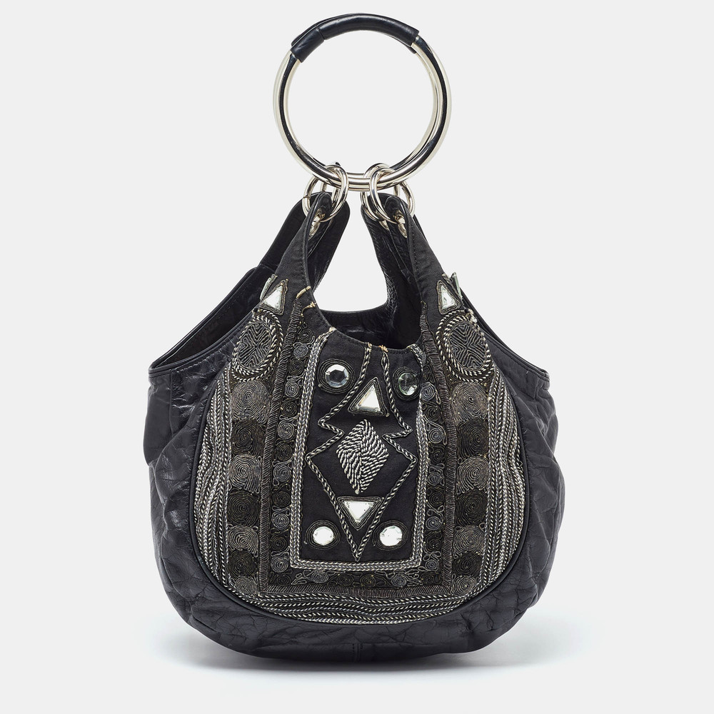 CHLOE Black Leather Embellished Ring Handle Hobo